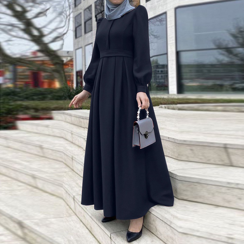 Damklänning Plus Size Klänning Puffärm Rundhals Enfärgad lång kjol Robe Klänning_voghion.com
