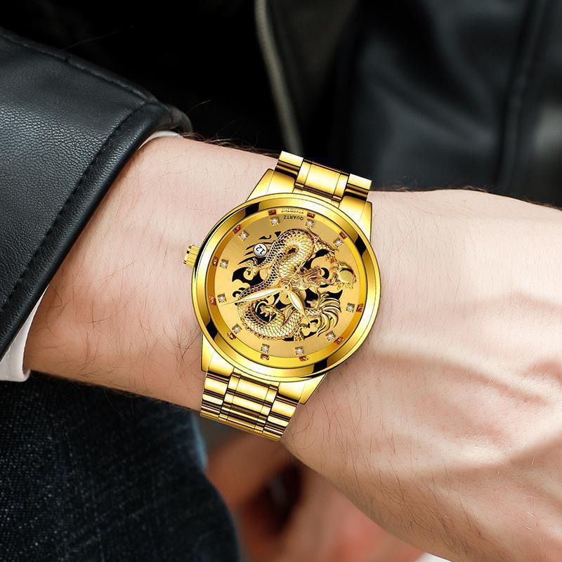 Montre homme montre non mécanique montre homme ultra fine montre de rue calendrier dragon doré ensemble de bracelet polyvalent de luxe_voghion.com