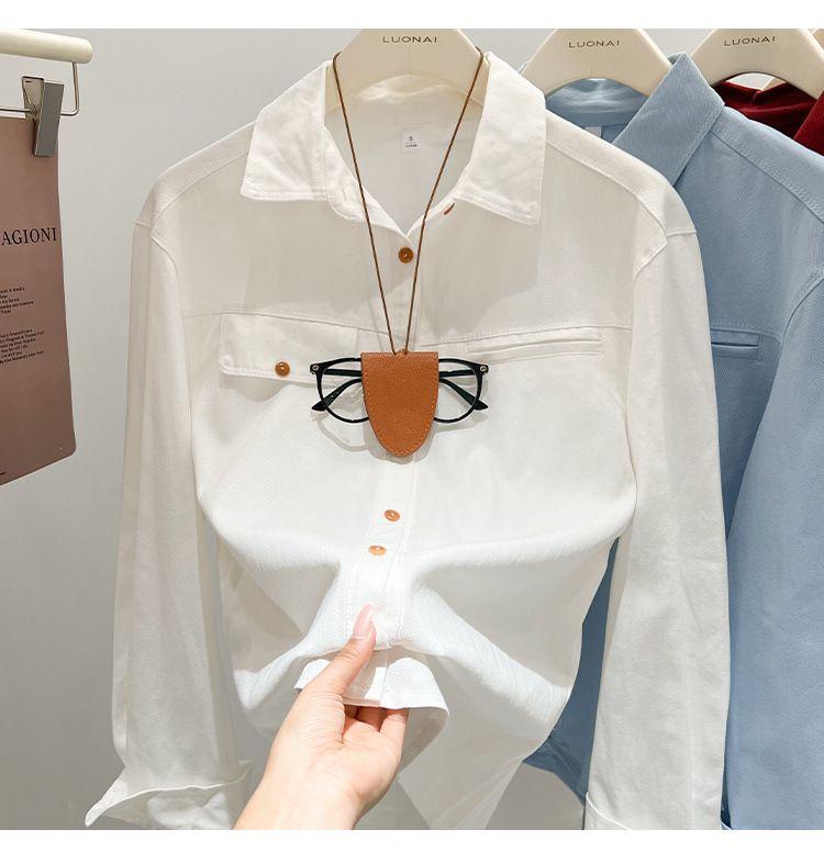 Oversized Denim Shirt Women Casual Long Sleeve Polo Collar Blouse, Flyaway Sleeves, Breathable Cotton Top For Work & Weekend (Blue/White/Red)_voghion.com