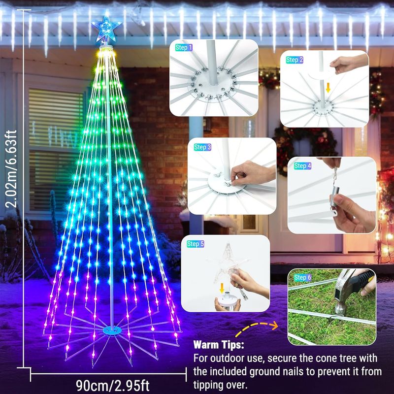 6.5FT Smart RGB Christmas Cone Tree - 295 LED App Control Lighted Tree, Color Changing Music Sync Waterproof Prelit Xmas Tree For Indoor Outdoor_voghion.com
