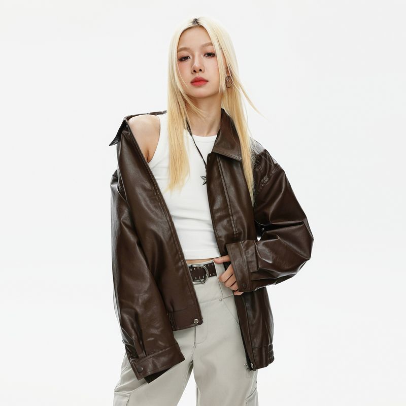 CATTEE Lapel Leather Jacket For Women 2025 Autumn New Long Fashionable Oversized Crisp Drop Shoulder Coat_voghion.com