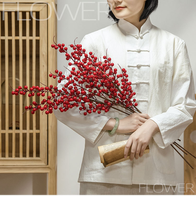 Fiore simulato 6 teste ricchezza frutto rosso agrifoglio produttore decorazione casa matrimonio fiore all'ingrosso MW61209_voghion.com