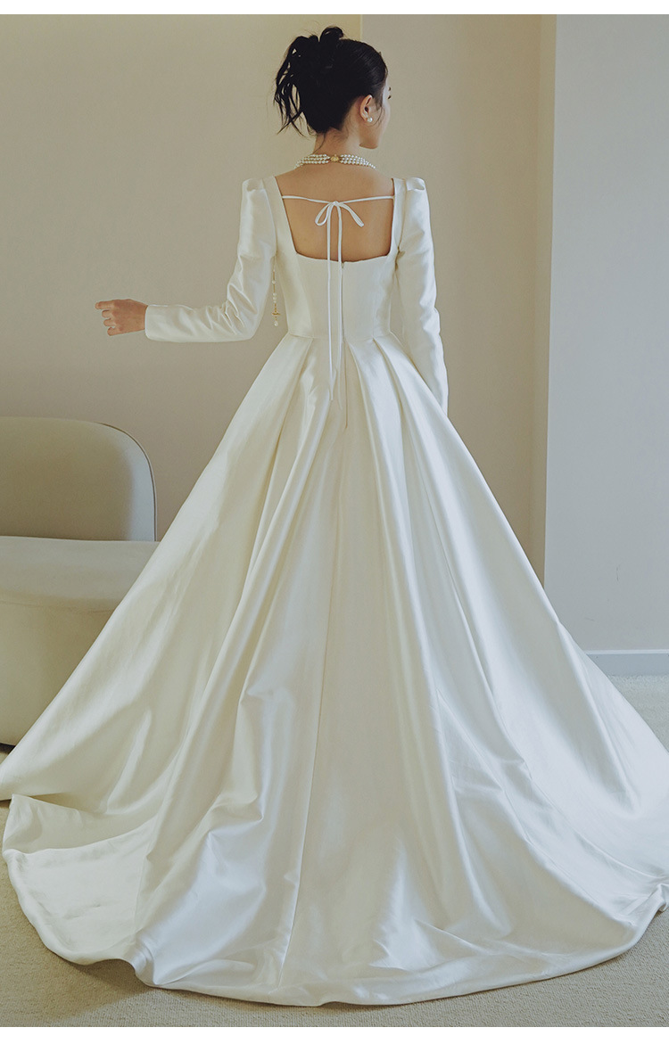 Satin-Hochzeitskleid Braut 2024 neues französisches einfaches Retro-Langarm-Hochzeitskleid Nischen-Willkommens-Abendkleid_voghion.com