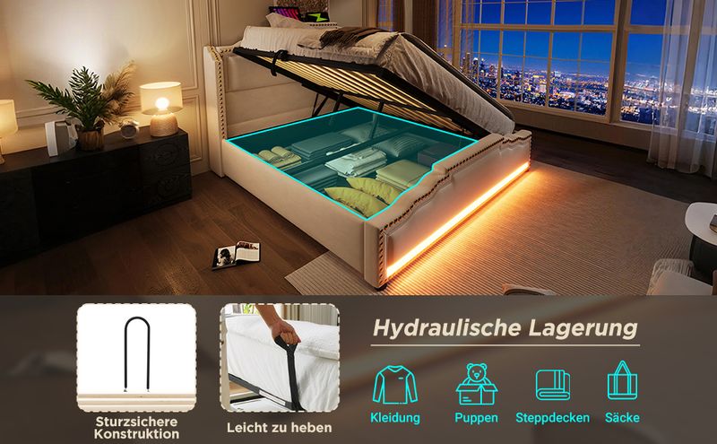 Lit Queen Size rembourré 140 x 200 cm avec coffre hydraulique, éclairage LED et port de charge USB-C, cadre de lit plateforme en velours avec sommier à lattes, beige, sans matelas_voghion.com