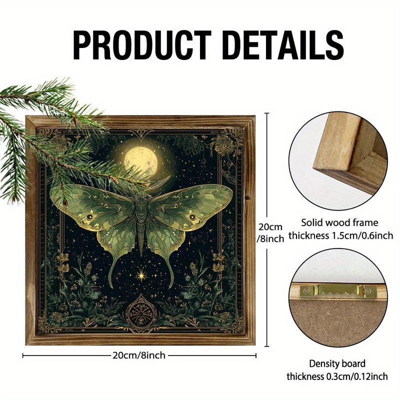 Vintage Green Luna Moth koka sienas māksla 8x8 collu ierāmēts dekors ar mistiskām nakts debesīm un ziediem, lieliski piemērots mājām, birojam vai lauku mājai — unikāla dāvanas ideja_voghion.com