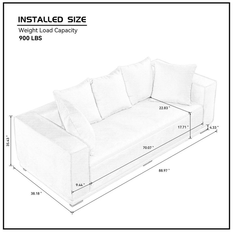 88.97'' Mid Century Modern Upholstered Sofa with 5 Matching Toss Pillows, Including bottom frame,Comfy Couches for Living Room, Bedroom, Apartment and_voghion.com