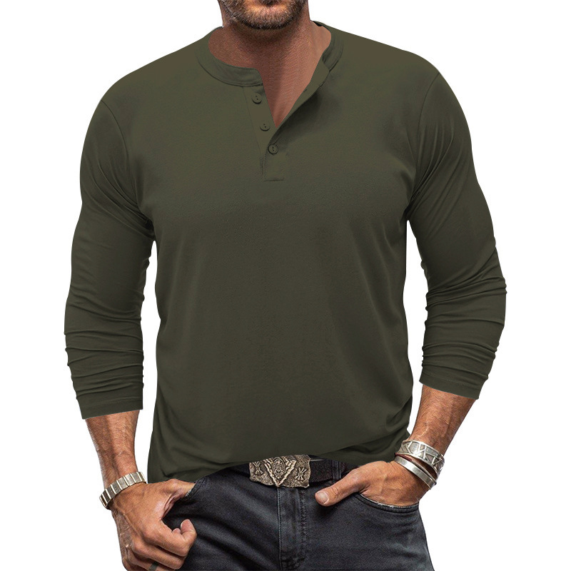 2025d 2025 Herbst Langarm Herren T-Shirt Rundhalsausschnitt Einfarbig Knopf Henley Casual Base Shirt_voghion.com