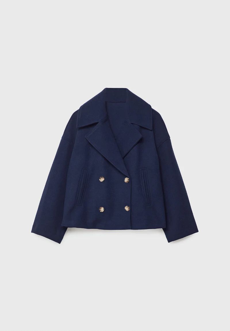 Damen-Peacoat aus Wollmischung mit zweireihiger Knopfleiste, Trenchcoat mit Revers und Knopfdetail, eleganter, locker sitzender Kurzblazer für Büroausflüge_voghion.com