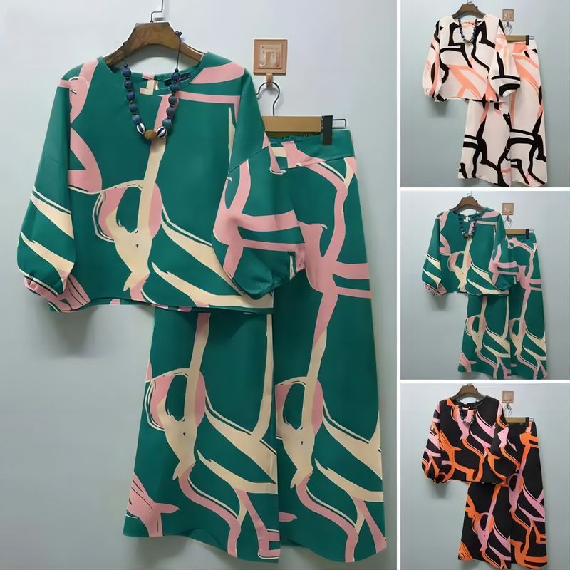 Lente Nieuwe Dames Geometrische Print Casual Matching Set Bohemian Top Wijde Broek 2-delige Set_voghion.com