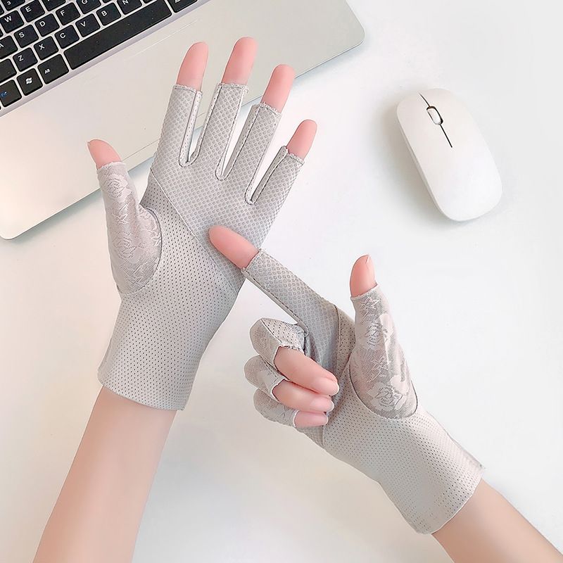 Damen Sommer Sonnencreme Spitze Blumen Fahren Radfahren Atmungsaktive Halbfingerhandschuhe Dünne Mesh Ice Silk Touchscreen_voghion.com