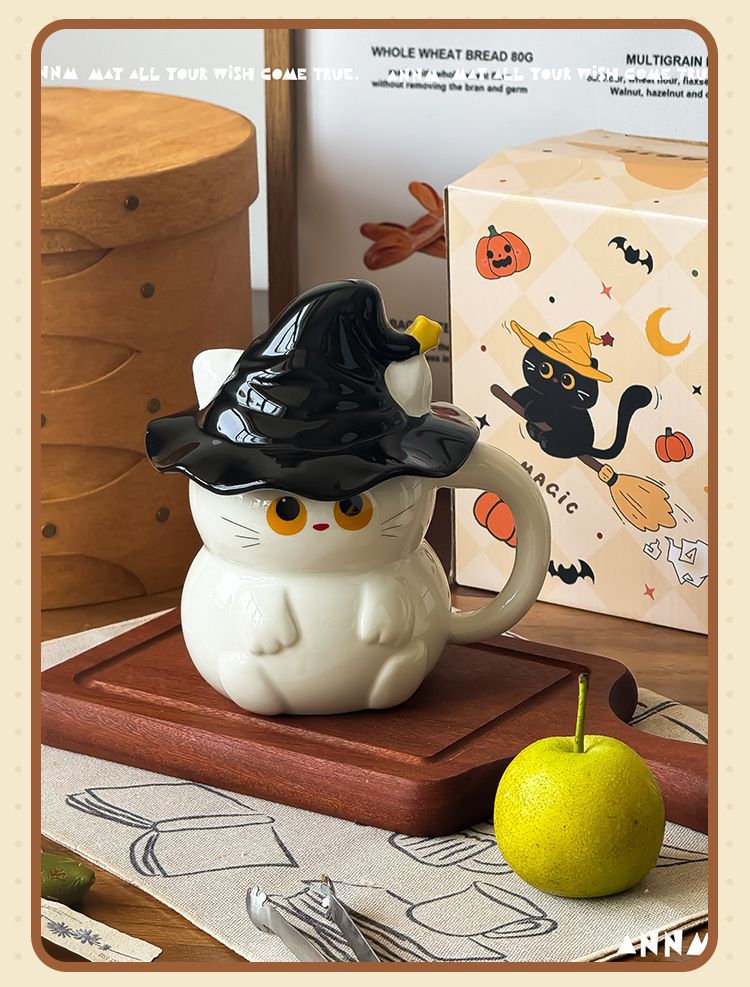 Keramikbecher mit Geisterkatzenmotiv und Deckel – Wasser für Frauen – Neu 2025 – Hochwertiger Becher – Geschenkidee für Zuhause_voghion.com