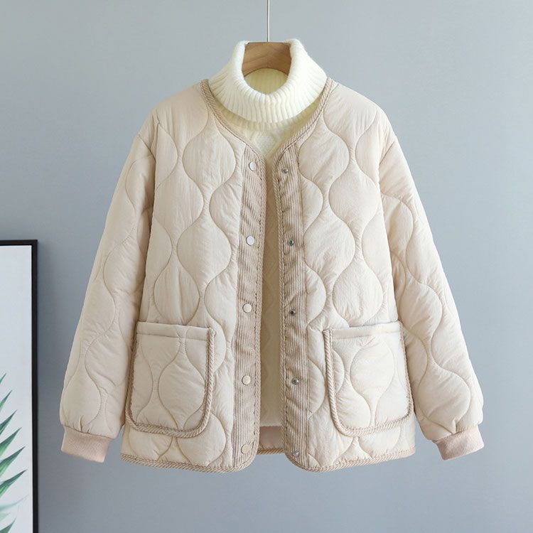 Corduroy Patchwork Quilted Jacket Winter Women Clothing Parkas Warm Cotton-padded Jacket Lightweight Coat Single-breasted Tops_voghion.com