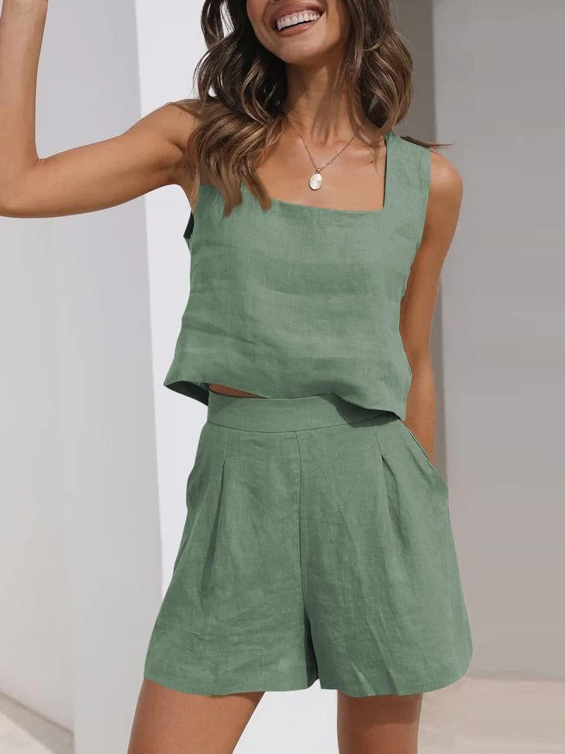 Nuovo set casual da donna 2024, composto da 2 pezzi, pantaloncini in lino, canotta senza maniche_voghion.com