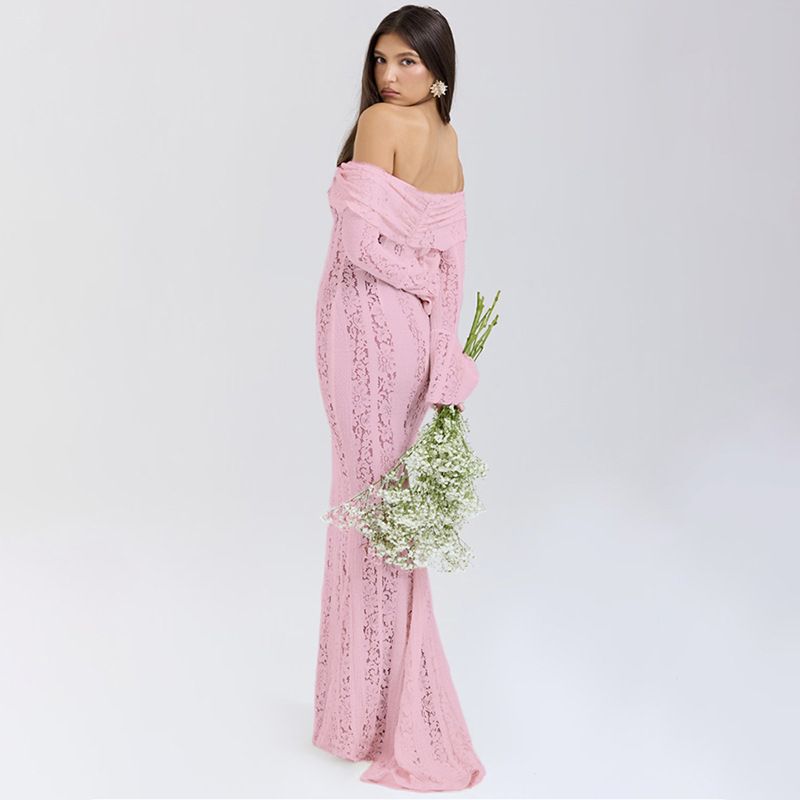 Women's Clothing Off-Shoulder Lace Mermaid Dress – Long-Sleeve Sexy Bodycon Gown (White/Black/Pink/Beige)_voghion.com