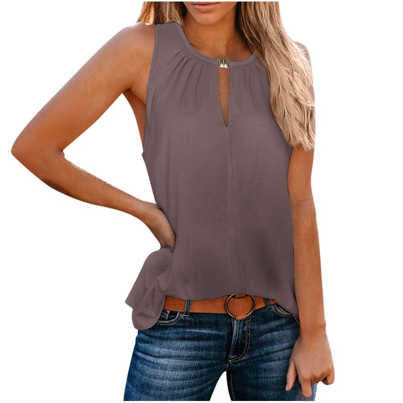 Canotta tinta unita con scollo a V e fibbia personalizzata, modello elegante, moda donna primavera/estate 2025_voghion.com