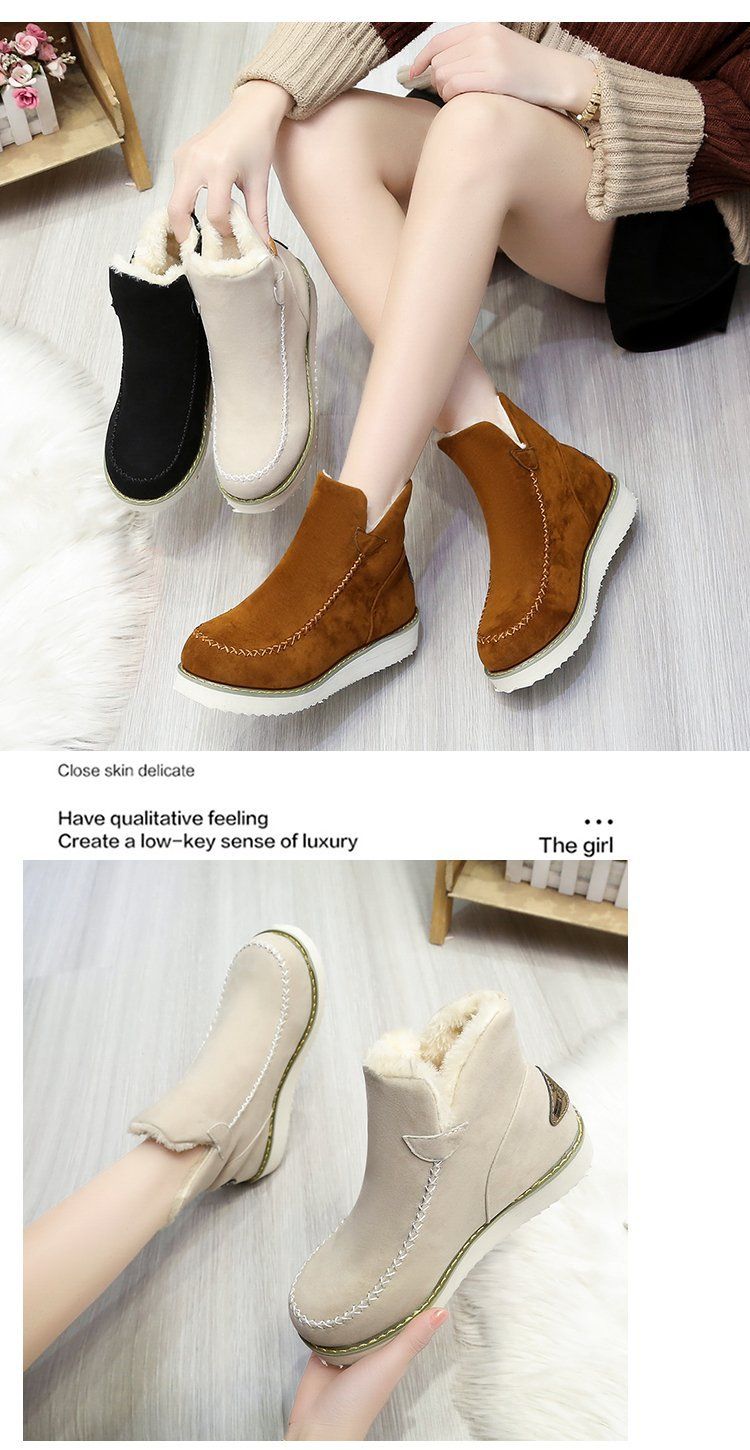 Chaussures pour femmes, bottes mi-mollet à semelle épaisse et bout rond - Chaussures d'hiver chaudes, doublées en polaire, décontractées, à enfiler avec semelle extérieure en caoutchouc_voghion.com