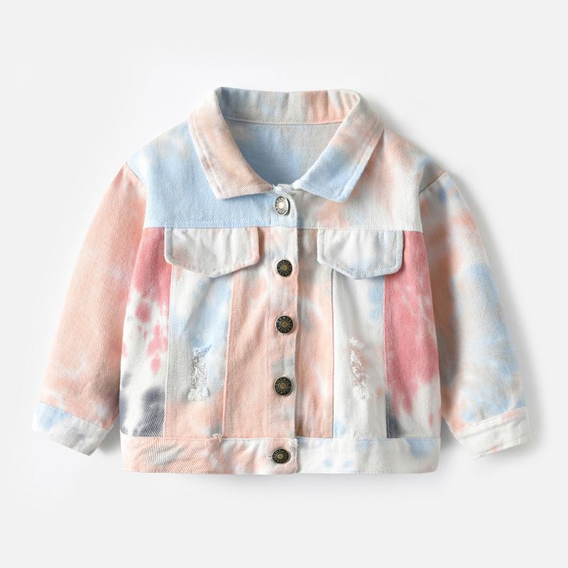 Ropa para niños, ropa infantil, nueva primavera 2024, chaqueta vaquera tie-dye, top corto roto para niños y niñas_voghion.com