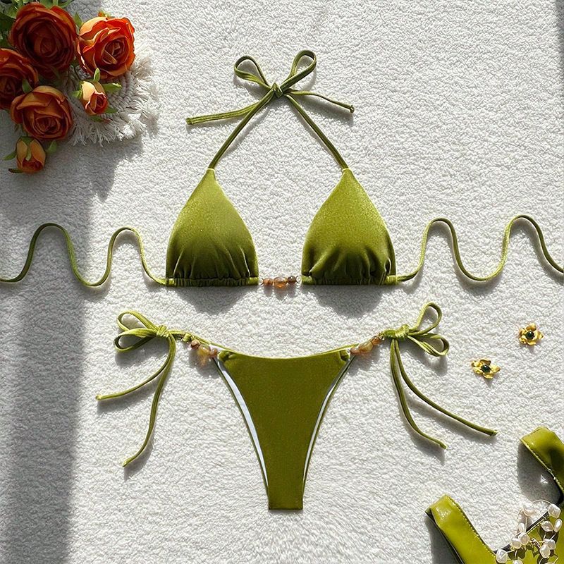 Women's Clothing Solid Color Bikini Lace Up Three Point Sexy Beach Hot Spring Swimsuit Bikini_voghion.com