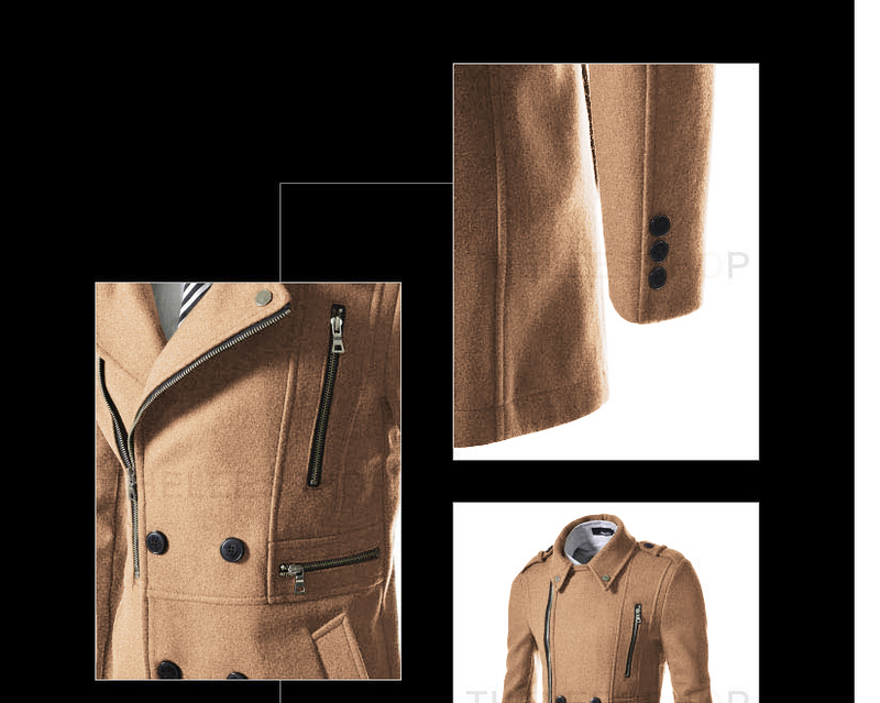 Winter neuer mittellanger, schmal geschnittener Windbreaker-Wollmantel für Herren im koreanischen Stil mit mehreren Reißverschlüssen_voghion.com