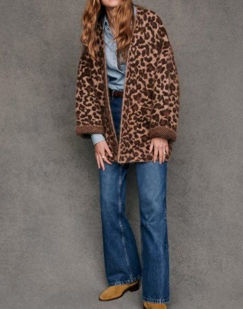 Cardigan décontracté à imprimé léopard pour femme - Pull en tricot doux en mélange de mohair, coupe ample, col en V, manches longues, ouvert sur le devant_voghion.com