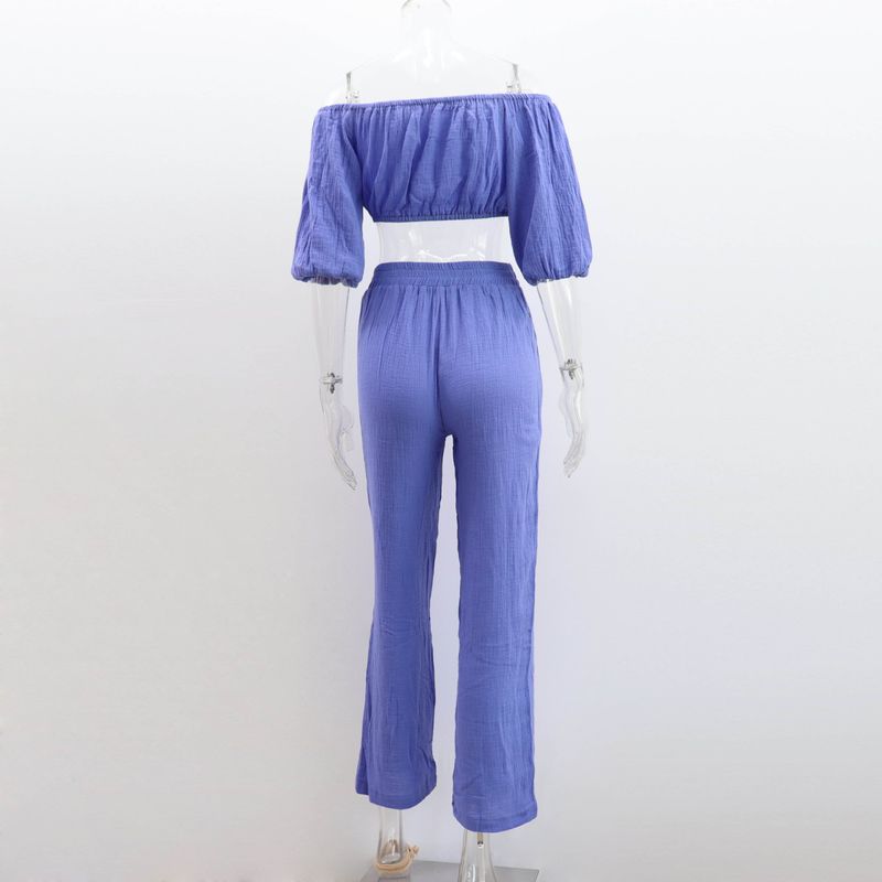 Damen-Knitterstoff aus reiner Baumwolle, einfarbig, kurzärmliges Oberteil mit Kragen, Hose mit hoher Taille und weitem Bein, lässiger Anzug_voghion.com