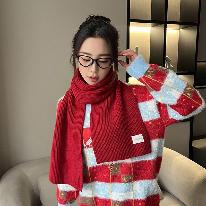 Sciarpa rossa per donna, stile coreano, versatile, per studenti, invernale, calda, tinta unita, scaldacollo lavorato a maglia spesso_voghion.com