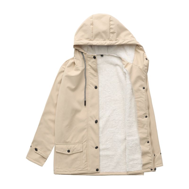 Giacca antivento con cappuccio da donna, fodera in pile, impermeabile, manica lunga, cappotto di media lunghezza per autunno e primavera_voghion.com