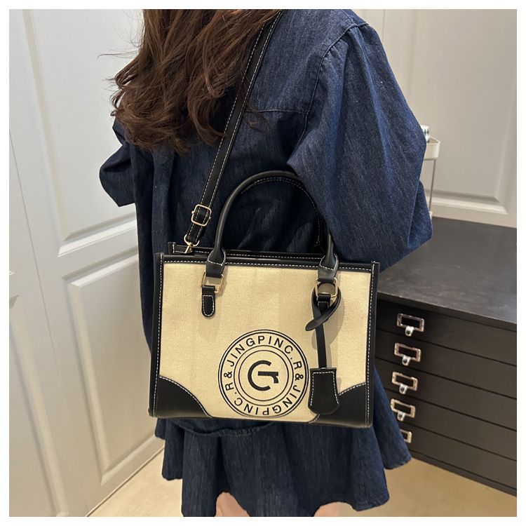 Vintage Canvas Tote Bag Large Capacity Shoulder Bag With Printed Letters, Color Blocking & Zipper Closure, Stylish & Spacious For Daily Use_voghion.com