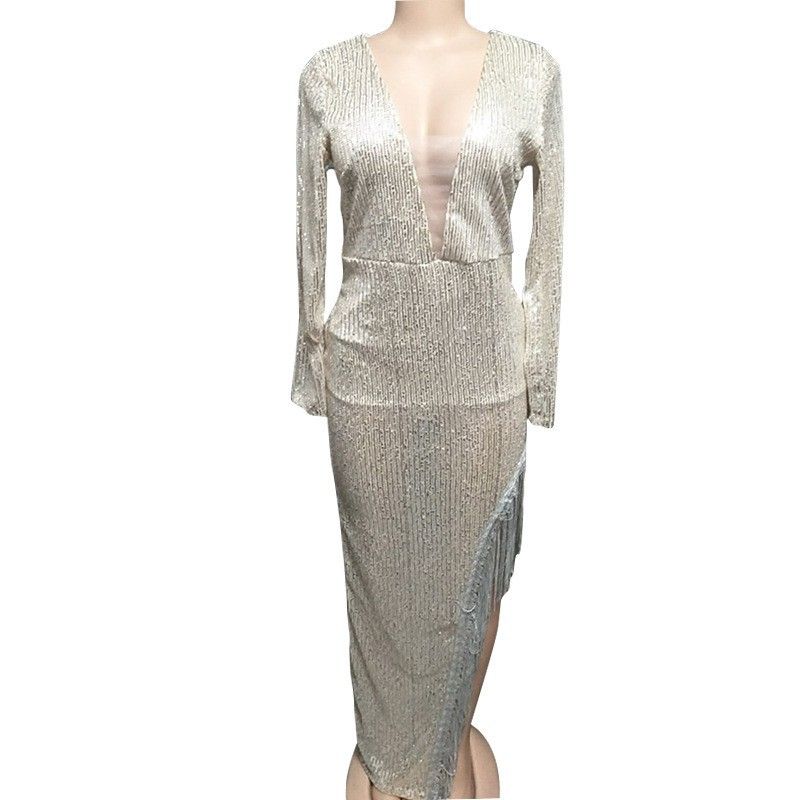 Damenkleeder Quasten Pailletten Taille Hing Déif V Laang Ärmelen A Säiteschlitzer Sexy Asymmetrescht Kleed_voghion.com