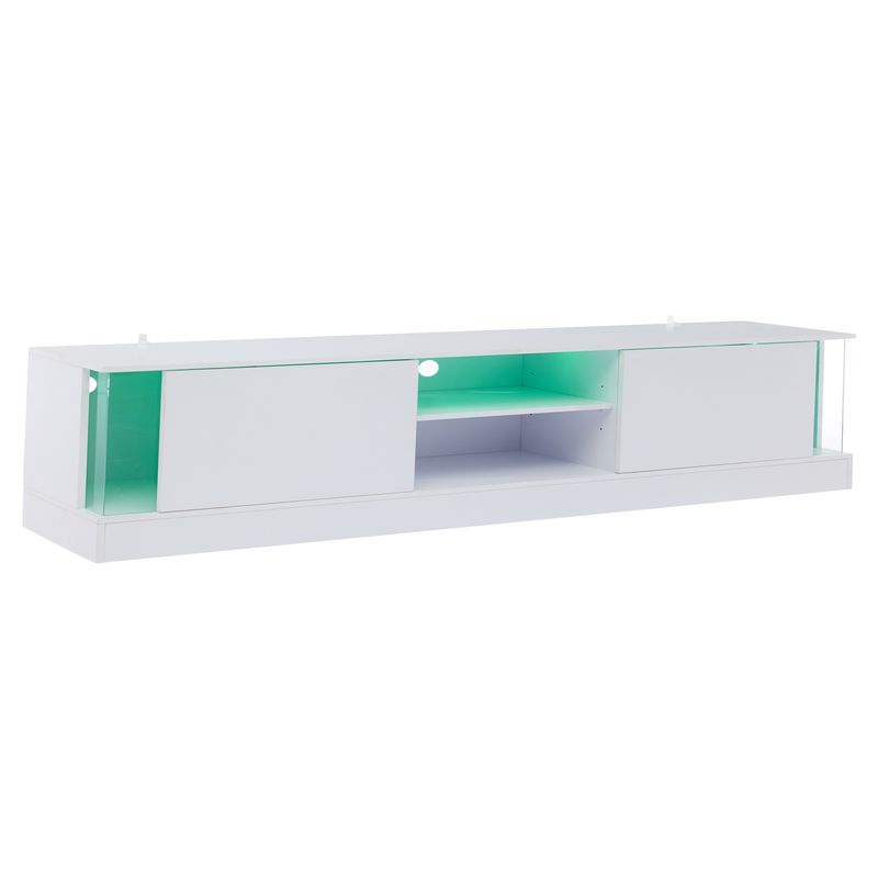 Meuble TV blanc brillant pour téléviseurs jusqu'à 70 pouces, console multimédia sur pied avec éclairage LED, centre de divertissement pour salon_voghion.com