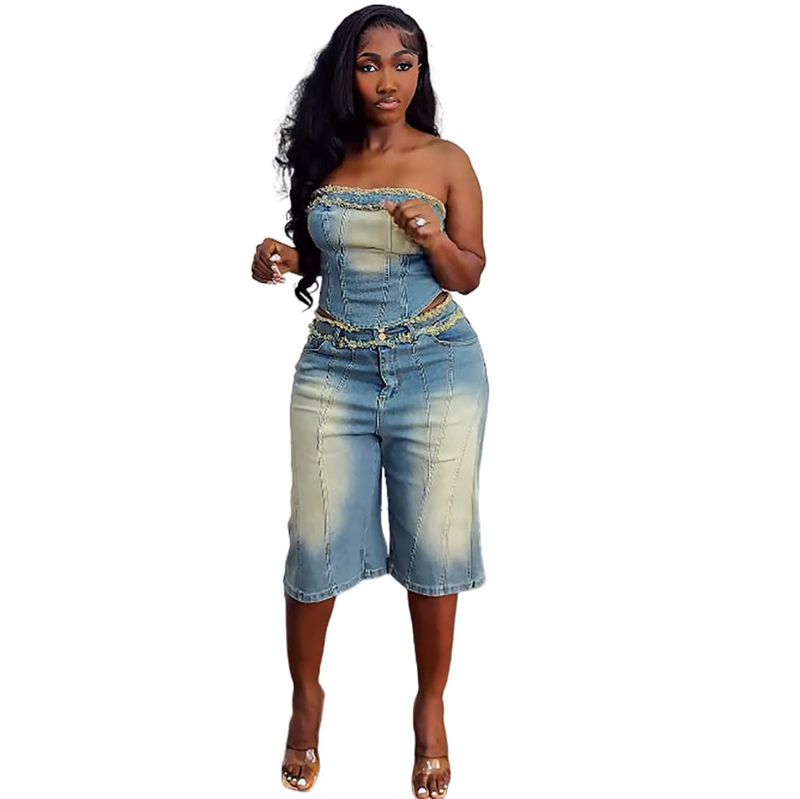 Women's Clothing Jeans Suit Fashion Raw Edge Wrap Top High Waist Denim Shorts_voghion.com