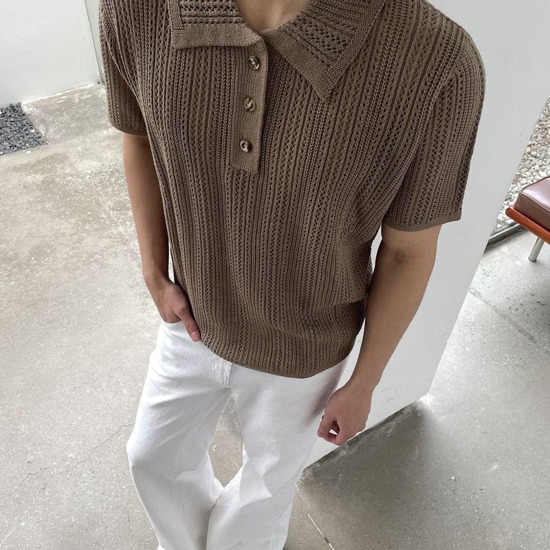 Herren-Poloshirt im Old Money Style mit Hohlstrickmuster – Japanisches Retro-Reversdesign | Atmungsaktive Cleanfit-Passform für den Sommer | Kurzarm-Strickware_voghion.com