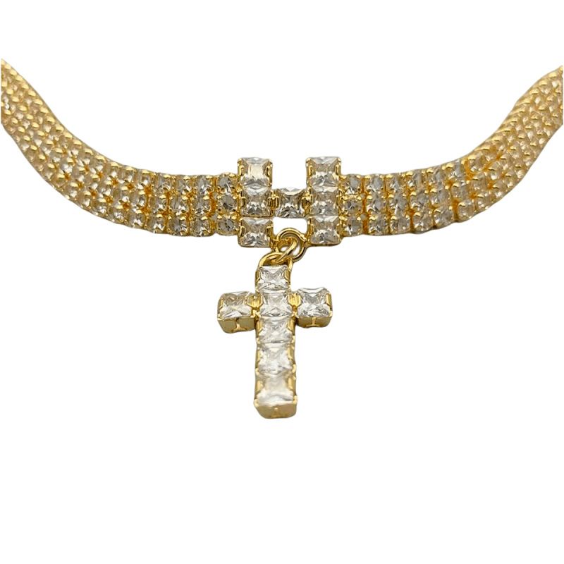 Naszyjnik z krzyżem dla zwierząt Luźny diament Pełny diament Trzy rzędy obroży z cyrkonii Wisiorek ze srebra pozłacanego Łańcuszek dla kota i psa_voghion.com