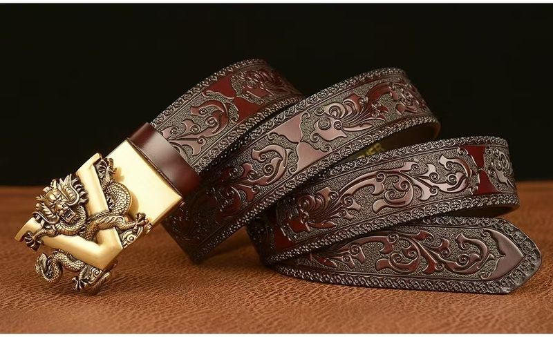 Cintura in vera pelle con fibbia automatica, cintura retrò da uomo, cintura casual intagliata in pelle di mucca_voghion.com