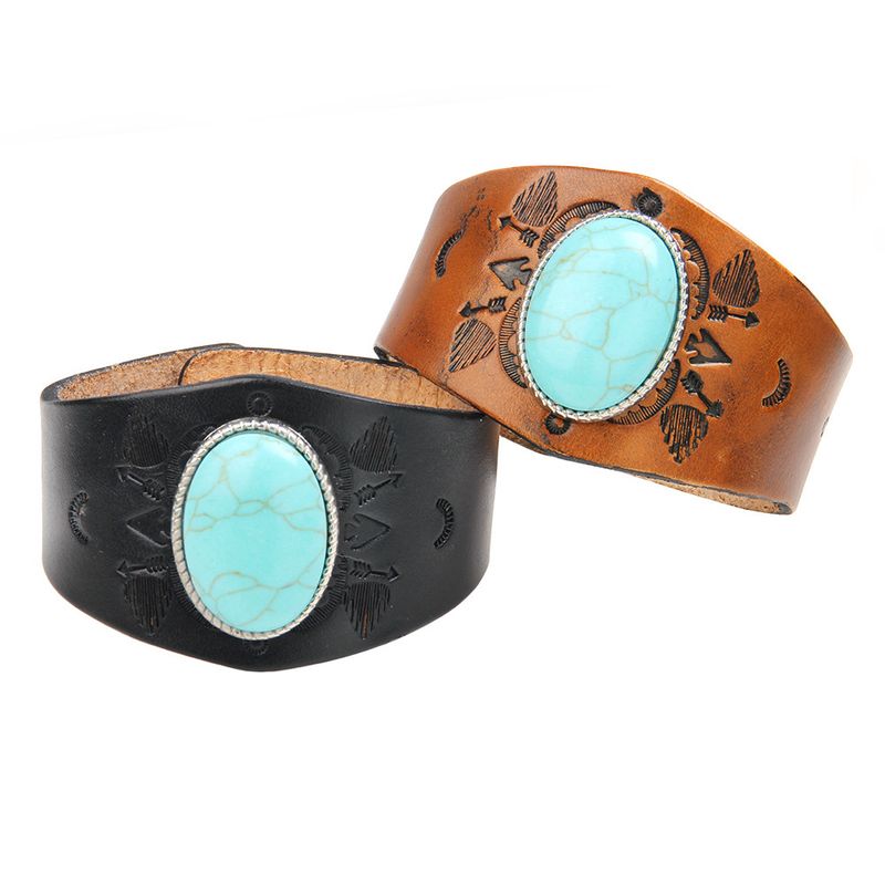 Ethnic Style Fashion Cowhide Large Turquoise Totem Texture Light Luxury Genuine Leather Bracelet_voghion.com
