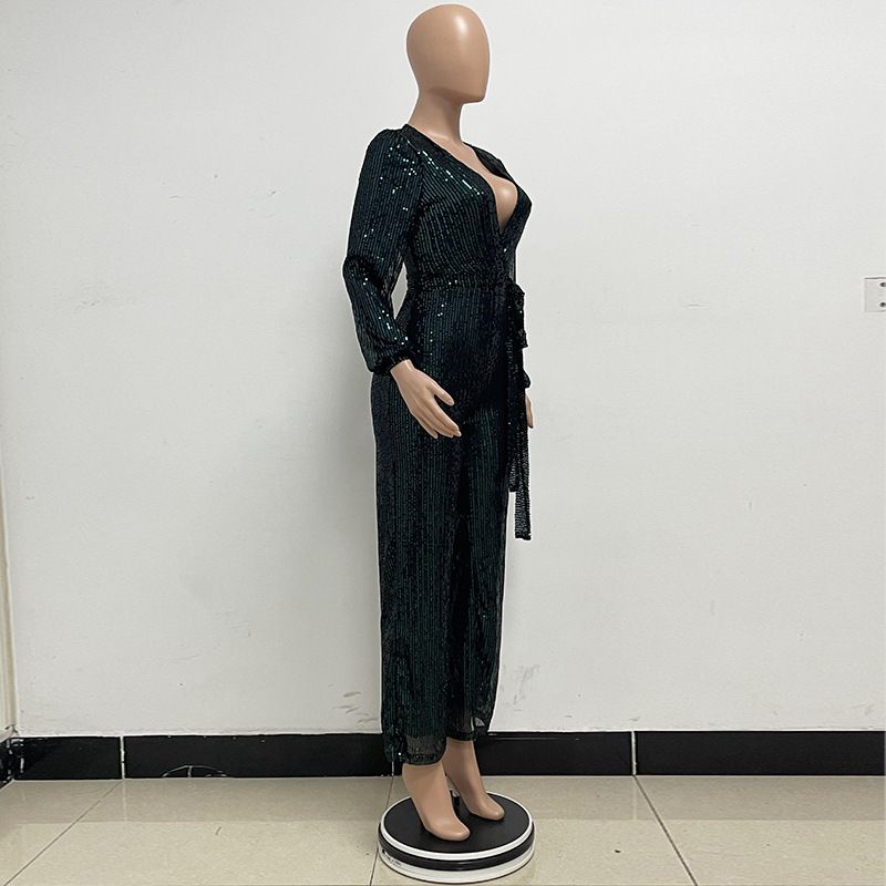 Damkläder Ins Style Deep V Mode Casual Jumpsuit Långärmat Bälte Paljett Jumpsuit Dam_voghion.com