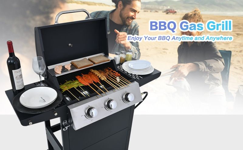 Propane Gas Grill 3 Burner Barbecue Grill, Stainless Steel 26,000 BTU Patio Garden Barbecue Grill With Two Shelves, Lid, Wheels And Bottle Opener_voghion.com