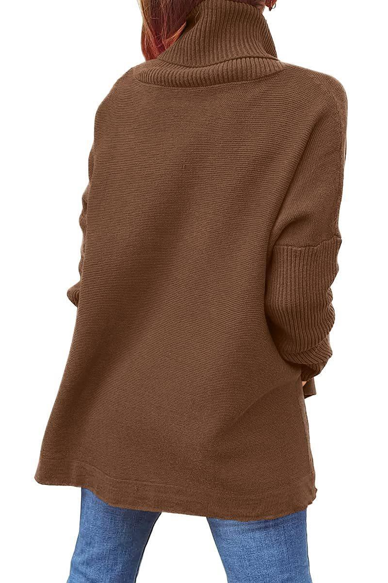 Dametrøje med høj hals, oversized pasform, mellemlang pullover med flagermusærmer, slidskant og bælte_voghion.com