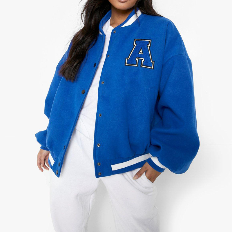 Chaqueta de béisbol engrosada de lana con letras para mujer_voghion.com