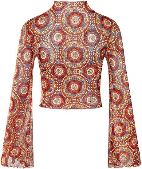 Top corto da donna con maniche a campana in rete floreale, colletto arricciato e orlo a lattuga_voghion.com