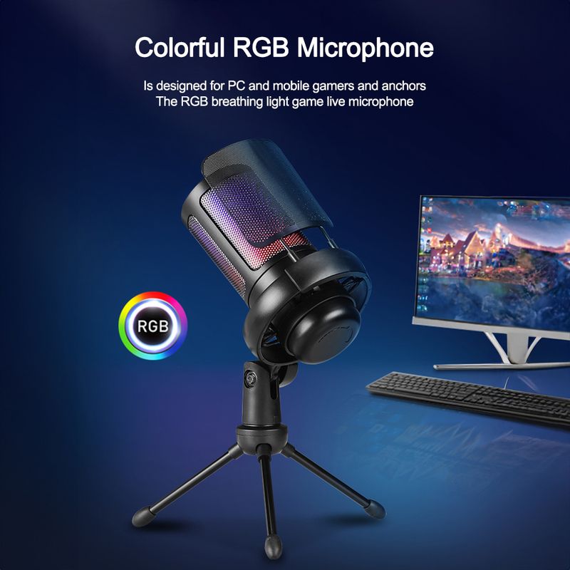 USB Condenser Gaming for PC PS4 Phone with Touch Mute Singing Noise Reduction RGB Lighting Capacitor Microphone Set_voghion.com