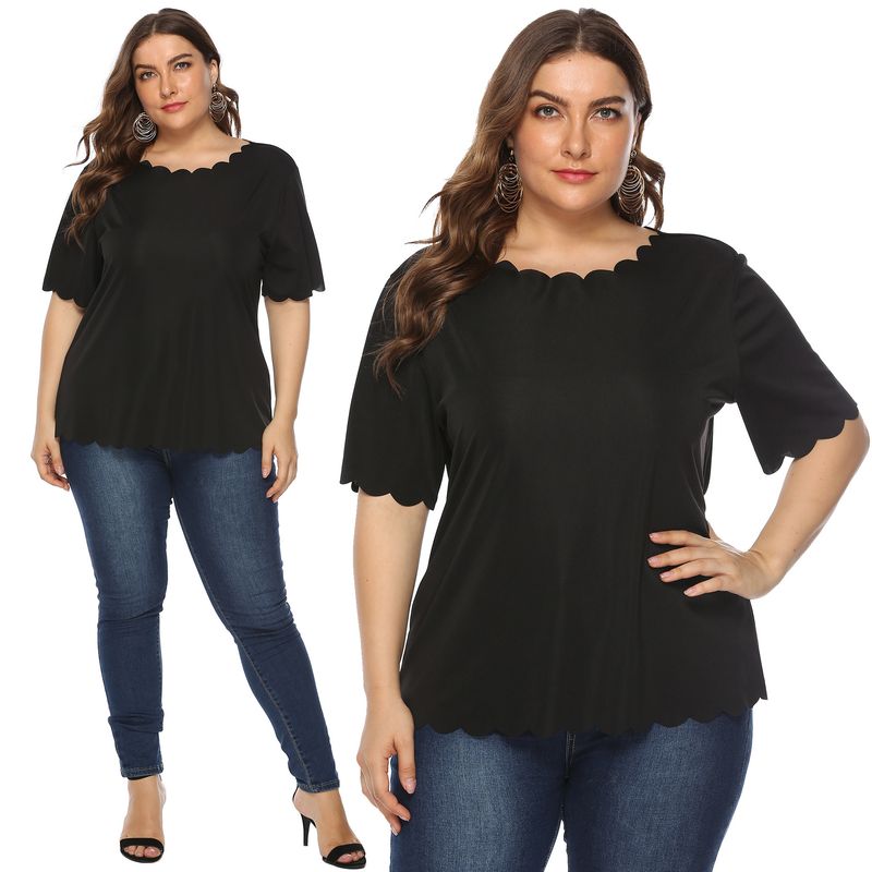 plus size women's clothing wavy edge solid color simple and versatile T-shirt casual short sleeve top_voghion.com