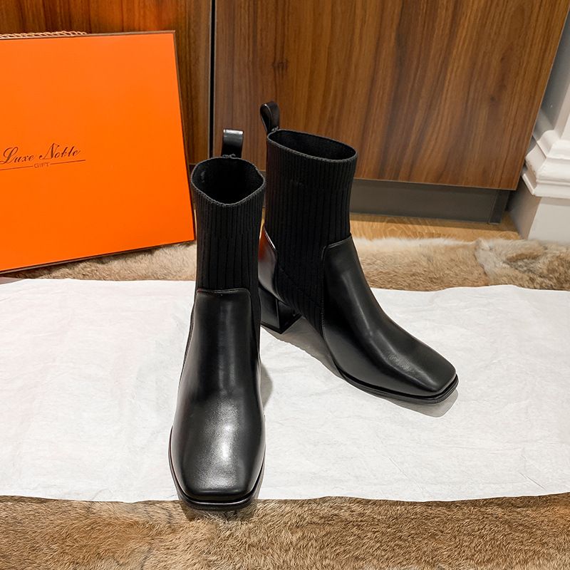 Stivali da donna Qiangshengda corti, autunnali e invernali, con punta quadrata spessa, in maglia color albicocca, con tacco medio, elasticizzati, vestibilità slim_voghion.com