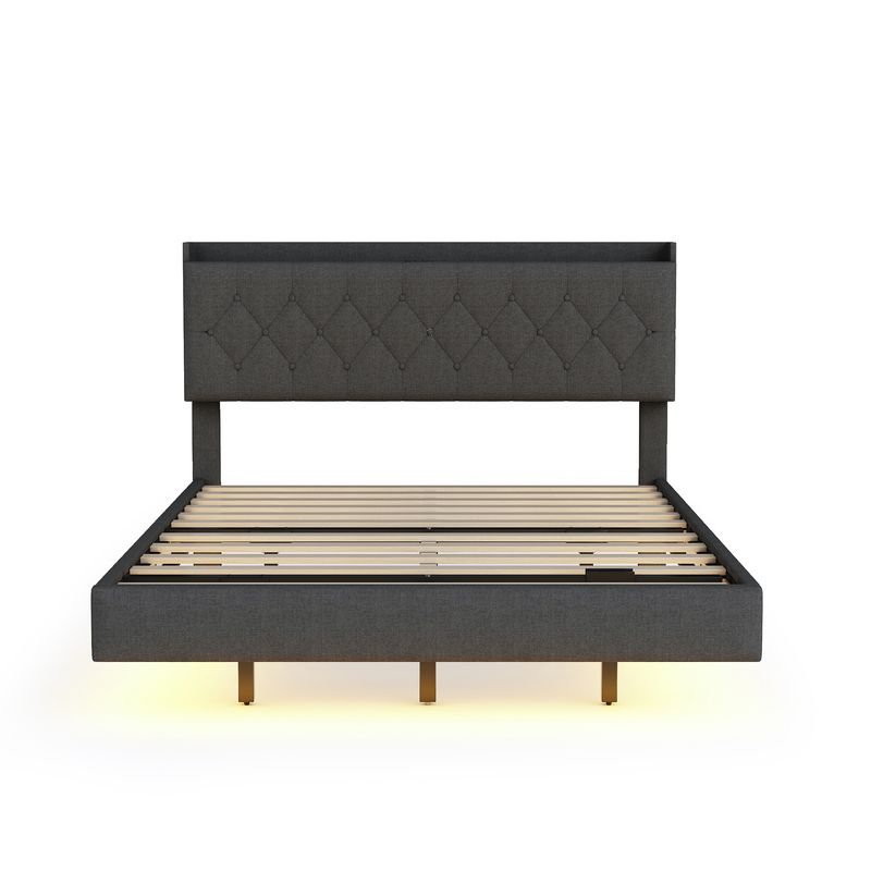 Polsterbett 140x200cm Con USB-Ladefunktion, LED, Leinenstoff Grau_voghion.com