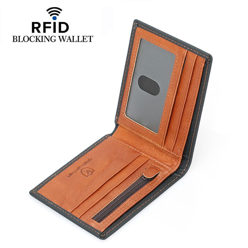 Rus Hırsızlığa Karşı RFID Engelleyici Birinci Katman İnek Derisi Cüzdan Moda Yağ Mumu Renk Blokajlı Erkek Bozuk Para Cüzdanı_voghion.com