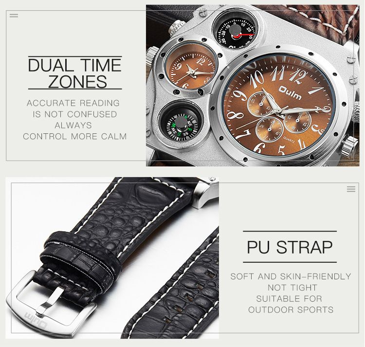 Men's Large Dial Multi-Time Zone Quartz Watch With Leather Strap, Casual Fashion Timepiece For Everyday Wear Dedicated Casual Men's Watch_voghion.com