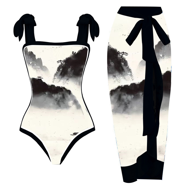 Damen Badeanzug Konservativer Einteiler Heiße Quelle Badeanzug Feste Version Chiffon Bluse Zweiteiler Set_voghion.com