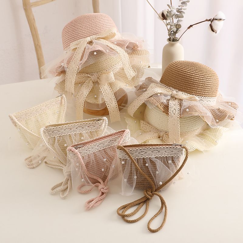 Moda Bambini Ragazze Tesa Larga Paglia Intrecciata Protezione Solare Cappello da Spiaggia Pizzo Perla Estate Floppy Bucket Cap Borsa Portatile панама_voghion.com