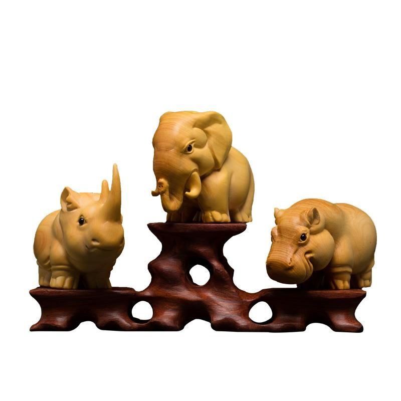 Boxwood Three Treasures Rhino Hippo Elephant Handheld Piece Handmade Carving Home Desk Ornament_voghion.com