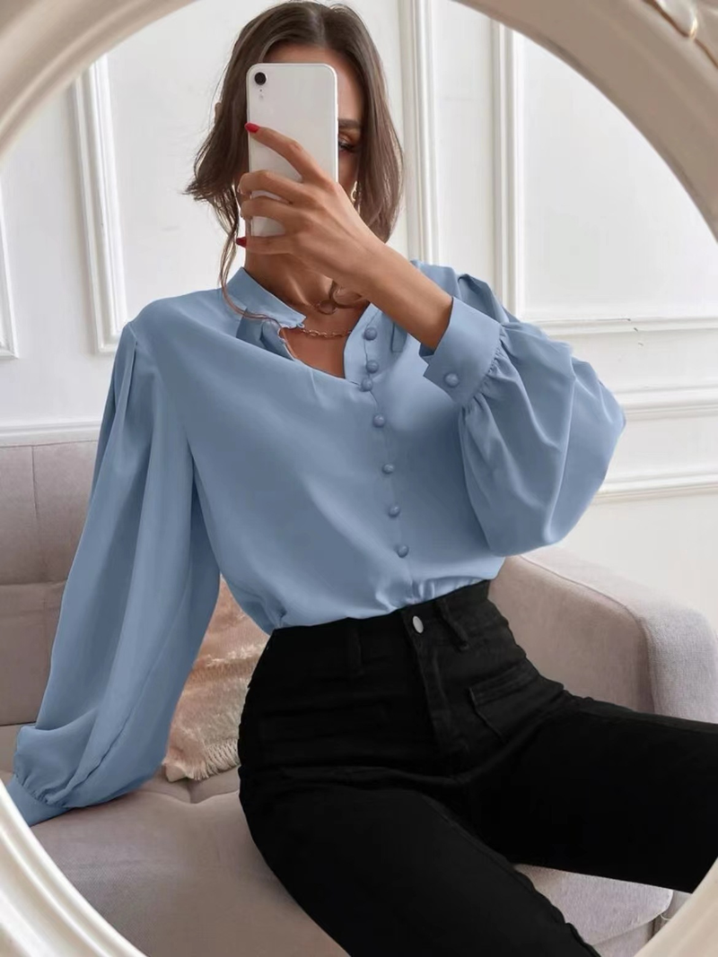 Women's Shirts Solid Color Lapel Long Sleeve Single-row Button Loose Women's Top_voghion.com